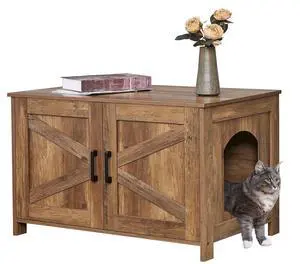 Homhedy 31.5" L Cat Litter Box Enclosure with Barn Door, Rustic Walnut | Wooden Cat Washroom Furniture, Cat House, Pet Storage Cabinet, Dog-Proof, Fit Most of Litter Box, Farmhouse Style Homhedy 31.5" L Cat Litter Box Enclosure with Barn Door, Rustic Walnut | Wooden Cat Washroom Furniture, Cat House, Pet Storage Cabinet, Dog-Proof, Fit Most of Litter Box, Farmhouse Style