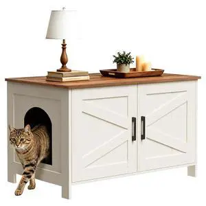 Homhedy Cat Litter Box Enclosure,Litter Box Furniture Hidden with Barn Door,Wooden Cat Washroom Furniture,Fit Most of Litter Box, Rustic White and Brown Homhedy Cat Litter Box Enclosure,Litter Box Furniture Hidden with Barn Door,Wooden Cat Washroom Furniture,Fit Most of Litter Box, Rustic White and Brown