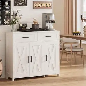 Homhedy Coffee Bar Storage Cabinet with Drawers, Kitchen Buffet Cabinet | Sideboard Cabinet with Doors, Farmhouse Buffet Cabinet, Adjustable Shelves, for Kitchen / Dining / Living Room, White Homhedy Coffee Bar Storage Cabinet with Drawers, Kitchen Buffet Cabinet | Sideboard Cabinet with Doors, Farmhouse Buffet Cabinet, Adjustable Shelves, for Kitchen / Dining / Living Room, White