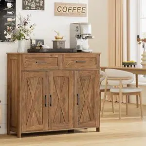 Homhedy Coffee Bar Storage Cabinet with Drawers, Kitchen Buffet Cabinet | Sideboard Cabinet with Doors, Farmhouse Buffet Cabinet, Adjustable Shelves, for Kitchen / Dining / Living Room, Rustic Walnut Homhedy Coffee Bar Storage Cabinet with Drawers, Kitchen Buffet Cabinet | Sideboard Cabinet with Doors, Farmhouse Buffet Cabinet, Adjustable Shelves, for Kitchen / Dining / Living Room, Rustic Walnut