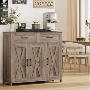 Homhedy Coffee Bar Storage Cabinet with Drawers, Kitchen Buffet Cabinet | Sideboard Cabinet with Doors, Farmhouse Buffet Cabinet, Adjustable Shelves, for Kitchen / Dining / Living Room, Greige Homhedy Coffee Bar Storage Cabinet with Drawers, Kitchen Buffet Cabinet | Sideboard Cabinet with Doors, Farmhouse Buffet Cabinet, Adjustable Shelves, for Kitchen / Dining / Living Room, Greige