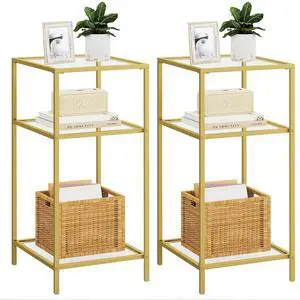 Homhedy Side Tables Set of 2, 3-Tier End Tables with Tempered Glass | Nightstands with Storage Shelves, Slim Sofa Tables for Living Room & Bedroom, Golden Homhedy Side Tables Set of 2, 3-Tier End Tables with Tempered Glass | Nightstands with Storage Shelves, Slim Sofa Tables for Living Room & Bedroom, Golden