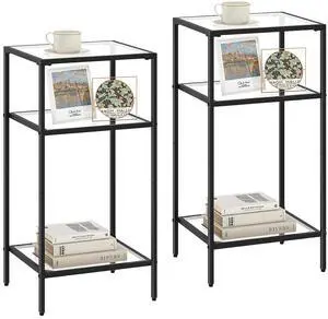 Homhedy Side Tables Set of 2, 3-Tier End Tables with Tempered Glass | Nightstands with Storage Shelves, Slim Sofa Tables for Living Room & Bedroom, Black Homhedy Side Tables Set of 2, 3-Tier End Tables with Tempered Glass | Nightstands with Storage Shelves, Slim Sofa Tables for Living Room & Bedroom, Black