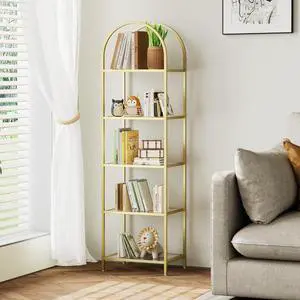 Homhedy 5-Tier Tall Gold Bookshelf, Arched Bookcase with Glass Shelves | Modern Arched Display Racks, Metal Bookcase, Storage Shelf for Home, Office,Living Room,Bedroom, 11.8" D x 13.8" W x 57.1" H Homhedy 5-Tier Tall Gold Bookshelf, Arched Bookcase with Glass Shelves | Modern Arched Display Racks, Metal Bookcase, Storage Shelf for Home, Office,Living Room,Bedroom, 11.8" D x 13.8" W x 57.1" H