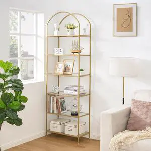 Homhedy 6-Tier Tall Gold Bookshelf, Arched Bookcase with Glass Shelves | Modern Arched Display Racks, Metal Bookcase, Storage Shelf for Home, Office,Living Room,Bedroom, 11.8" D x 23.6" W x 73.6" H Homhedy 6-Tier Tall Gold Bookshelf, Arched Bookcase with Glass Shelves | Modern Arched Display Racks, Metal Bookcase, Storage Shelf for Home, Office,Living Room,Bedroom, 11.8" D x 23.6" W x 73.6" H