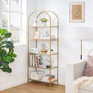 Homhedy 5-Tier Tall Gold Bookshelf, Arched Bookcase with Glass Shelves | Modern Arched Display Racks, Metal Bookcase, Storage Shelf for Home, Office,Living Room,Bedroom, 11.8" D x 23.6" W x 62.2" H Homhedy 5-Tier Tall Gold Bookshelf, Arched Bookcase with Glass Shelves | Modern Arched Display Racks, Metal Bookcase, Storage Shelf for Home, Office,Living Room,Bedroom, 11.8" D x 23.6" W x 62.2" H