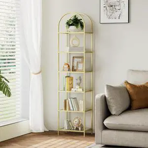 Homhedy 6-Tier Tall Gold Bookshelf, Arched Bookcase with Glass Shelves | Modern Arched Display Racks, Metal Bookcase, Storage Shelf for Home, Office,Living Room,Bedroom, 11.8"D x 13.8"W x 68.1"H Homhedy 6-Tier Tall Gold Bookshelf, Arched Bookcase with Glass Shelves | Modern Arched Display Racks, Metal Bookcase, Storage Shelf for Home, Office,Living Room,Bedroom, 11.8"D x 13.8"W x 68.1"H