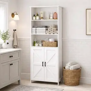 Homhedy 67" Tall Bathroom Storage Cabinet, Bathroom Floor Cabinet | Freestanding Farmhouse Cabinet with Doors and Adjustable Shelf, Linen Cabinet for Bathroom, Living Room, Laundry Room, White Homhedy 67" Tall Bathroom Storage Cabinet, Bathroom Floor Cabinet | Freestanding Farmhouse Cabinet with Doors and Adjustable Shelf, Linen Cabinet for Bathroom, Living Room, Laundry Room, White