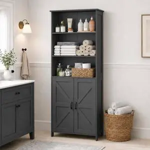 Homhedy 67" Tall Bathroom Storage Cabinet, Bathroom Floor Cabinet | Freestanding Farmhouse Cabinet with Doors and Adjustable Shelf, Linen Cabinet for Bathroom, Living Room, Laundry Room, Black Homhedy 67" Tall Bathroom Storage Cabinet, Bathroom Floor Cabinet | Freestanding Farmhouse Cabinet with Doors and Adjustable Shelf, Linen Cabinet for Bathroom, Living Room, Laundry Room, Black