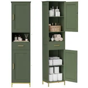 Homhedy 67" H Bathroom Storage Cabinet, Tall Bathroom Cabinet, Green | Narrow Cabinet with Doors and Drawer, Adjustable Shelves, Floor Cabinet for Bathroom, Living Room, Kitchen, Dining Room Homhedy 67" H Bathroom Storage Cabinet, Tall Bathroom Cabinet, Green | Narrow Cabinet with Doors and Drawer, Adjustable Shelves, Floor Cabinet for Bathroom, Living Room, Kitchen, Dining Room