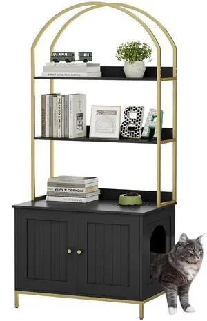 Homhedy Cat Litter Box Enclosure with 2-Tier Shelves, Black and Gold | Litter Box Furniture Hidden, Indoor Cat House, Wooden Cat Washroom Furniture with Metal Frame, Modern Style Homhedy Cat Litter Box Enclosure with 2-Tier Shelves, Black and Gold | Litter Box Furniture Hidden, Indoor Cat House, Wooden Cat Washroom Furniture with Metal Frame, Modern Style