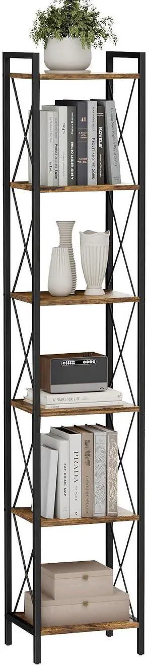 Homhedy 6 Tier Small Bookshelf, Tall Narrow Bookcase, Metal Book Shelf | Industrial Style for Small Spaces, Home, Office, Living Room, Kitchen, Bedroom , 10.4" D x 13" W x 67.4" H, Rustic Brown Homhedy 6 Tier Small Bookshelf, Tall Narrow Bookcase, Metal Book Shelf | Industrial Style for Small Spaces, Home, Office, Living Room, Kitchen, Bedroom , 10.4" D x 13" W x 67.4" H, Rustic Brown
