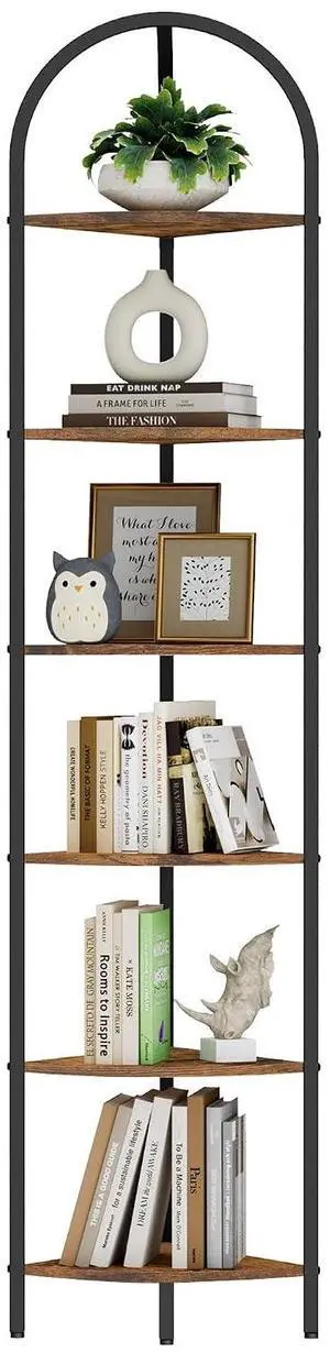 Homhedy 6-Tier Arched Corner Shelf Stand, Wall Corner Bookshelf | Plant Stand with Metal Frame, Industrial Storage Rack Shelf for Living Room, Bedroom, Office, Bathroom, Rustic Brown Homhedy 6-Tier Arched Corner Shelf Stand, Wall Corner Bookshelf | Plant Stand with Metal Frame, Industrial Storage Rack Shelf for Living Room, Bedroom, Office, Bathroom, Rustic Brown