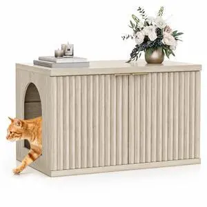 Homhedy Cat Litter Box Enclosure,Modern Fluted Accent,Cream Gray | Wooden Cat Washroom Furniture, Indoor Cat House, Pet Storage Cabinet, Dog-Proof, Mid Century Modern Style Homhedy Cat Litter Box Enclosure,Modern Fluted Accent,Cream Gray | Wooden Cat Washroom Furniture, Indoor Cat House, Pet Storage Cabinet, Dog-Proof, Mid Century Modern Style