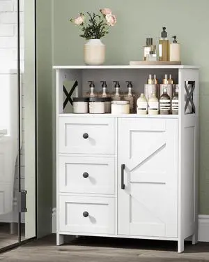 Homhedy Bathroom Storage Cabinet with 3 Drawers, Toilet Paper Cabinet | Farmhouse Freestanding Floor Cabinet with Door and Adjustable Shelf, Small Cabinet for Bathroom, Living Room, White Homhedy Bathroom Storage Cabinet with 3 Drawers, Toilet Paper Cabinet | Farmhouse Freestanding Floor Cabinet with Door and Adjustable Shelf, Small Cabinet for Bathroom, Living Room, White
