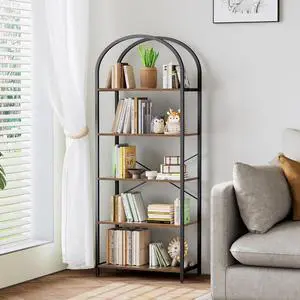 Homhedy 5-Tier Arched Bookshelf, Display Racks, Tall Book Shelf, 62.2" H | Wood and Metal Bookcase, Industrial Display Standing Shelf Unit, for Home, Office, Living Room, Bedroom, Rustic Brown Homhedy 5-Tier Arched Bookshelf, Display Racks, Tall Book Shelf, 62.2" H | Wood and Metal Bookcase, Industrial Display Standing Shelf Unit, for Home, Office, Living Room, Bedroom, Rustic Brown