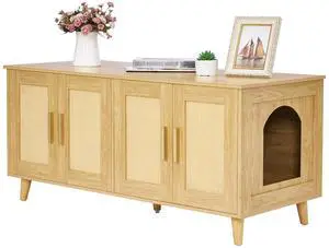 Homhedy Boho Cat Litter Box Enclosure for 2 Cats, Natural | Hidden Litter Box Furniture with Double Rattan Decorated Doors, Cat Washroom, Cat House, Dog-Proof, TV Stand Homhedy Boho Cat Litter Box Enclosure for 2 Cats, Natural | Hidden Litter Box Furniture with Double Rattan Decorated Doors, Cat Washroom, Cat House, Dog-Proof, TV Stand
