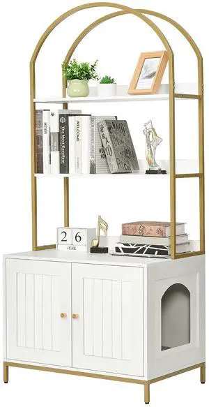 Homhedy Cat Litter Box Enclosure with 2-Tier Shelves, White and Gold | Litter Box Furniture Hidden, Indoor Cat House, Wooden Cat Washroom Furniture with Metal Frame, Modern Style Homhedy Cat Litter Box Enclosure with 2-Tier Shelves, White and Gold | Litter Box Furniture Hidden, Indoor Cat House, Wooden Cat Washroom Furniture with Metal Frame, Modern Style