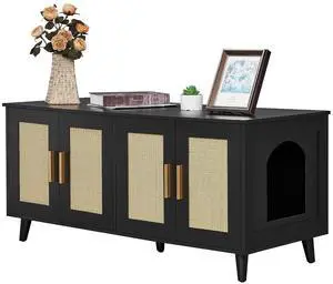 Homhedy Boho Cat Litter Box Enclosure for 2 Cats, Black and Natural | Hidden Litter Box Furniture with Double Rattan Decorated Doors, Cat Washroom, Cat House, Dog-Proof, TV Stand Homhedy Boho Cat Litter Box Enclosure for 2 Cats, Black and Natural | Hidden Litter Box Furniture with Double Rattan Decorated Doors, Cat Washroom, Cat House, Dog-Proof, TV Stand