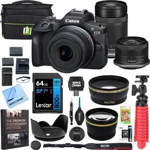 Canon EOS R100 Mirrorless Camera Body with 2 Lens Kit RF-S 18-45mm is STM and 55-210mm is STM 6052C022 Bundle with Double Battery, Memory Card, Deco Gear Deluxe Case and Mini Tripod & Accessories Canon EOS R100 Mirrorless Camera Body with 2 Lens Kit RF-S 18-45mm is STM and 55-210mm is STM 6052C022 Bundle with Double Battery, Memory Card, Deco Gear Deluxe Case and Mini Tripod & Accessories
