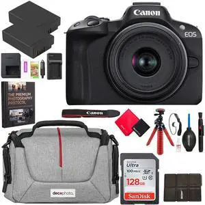 Canon EOS R50 Mirrorless Camera (Black) with RF-S 18-45mm F4.5-6.3 is STM Lens 5811C012 Bundle with Deco Gear Photography Bag + 2 x Battery + 128GB Memory Card + Photography Pro + Accessories Kit Canon EOS R50 Mirrorless Camera (Black) with RF-S 18-45mm F4.5-6.3 is STM Lens 5811C012 Bundle with Deco Gear Photography Bag + 2 x Battery + 128GB Memory Card + Photography Pro + Accessories Kit