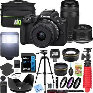 Canon EOS R50 Mirrorless Camera Body with 2 Lens Kit RF-S 18-45mm is STM and RF 75-300mm F4-5.6 Lens Bundle with Deco Gear Bag + 2 Battery +Tripod + Filters + Wide Angle & Telephoto Lenses & More Canon EOS R50 Mirrorless Camera Body with 2 Lens Kit RF-S 18-45mm is STM and RF 75-300mm F4-5.6 Lens Bundle with Deco Gear Bag + 2 Battery +Tripod + Filters + Wide Angle & Telephoto Lenses & More