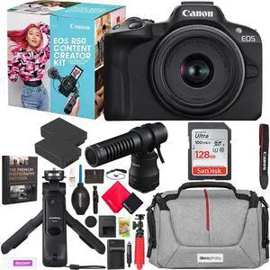 Canon EOS R50 Mirrorless Camera Content Creator Kit Including Body + 18-45mm is STM Lens + Microphone + Tripod Grip 5811C059 Bundle with Deco Gear Bag + 2 Battery + 128GB Memory Card + Accessories Canon EOS R50 Mirrorless Camera Content Creator Kit Including Body + 18-45mm is STM Lens + Microphone + Tripod Grip 5811C059 Bundle with Deco Gear Bag + 2 Battery + 128GB Memory Card + Accessories