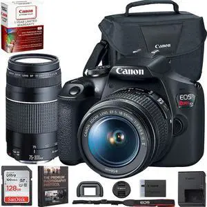 Canon EOS Rebel T7 DSLR Camera with EF18-55mm + EF 75-300mm Double Zoom Kit 2727C021 Bundle with Sandisk 128GB Memory Card, Deco Essentials Camera Bag and Photography Guidebook Canon EOS Rebel T7 DSLR Camera with EF18-55mm + EF 75-300mm Double Zoom Kit 2727C021 Bundle with Sandisk 128GB Memory Card, Deco Essentials Camera Bag and Photography Guidebook
