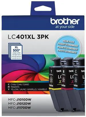 Brother Genuine LC401XL 3PK High Yield 3-Pack Color -Ink -Cartridges Includes 1- -Cartridge Each of Cyan, Magenta and Yellow -Ink. Brother Genuine LC401XL 3PK High Yield 3-Pack Color -Ink -Cartridges Includes 1- -Cartridge Each of Cyan, Magenta and Yellow -Ink.