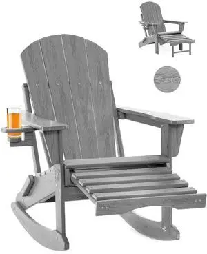 Folding Adirondack Rocking Chair,4-in-1 Multifunctional Patio Chair with Retractable Ottoman, Outdoor Chair Wood Texture, Lawn Chair for Porch, Backyard, Pool(Grey) Folding Adirondack Rocking Chair,4-in-1 Multifunctional Patio Chair with Retractable Ottoman, Outdoor Chair Wood Texture, Lawn Chair for Porch, Backyard, Pool(Grey)