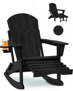 Folding Adirondack Rocking Chair,4-in-1 Multifunctional Patio Chair with Retractable Ottoman, Outdoor Chair Wood Texture, Lawn Chair for Porch, Backyard, Pool(Black) Folding Adirondack Rocking Chair,4-in-1 Multifunctional Patio Chair with Retractable Ottoman, Outdoor Chair Wood Texture, Lawn Chair for Porch, Backyard, Pool(Black)