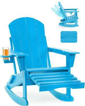 Adjustable Adirondack Rocking Chair with Retractable Ottoman,4-in-1 Multifunctional Folding Patio Chair with Cup Holder, Outdoor Chair Wood Texture for Lawn,Porch, Backyard,Pool(Pacific Blue) Adjustable Adirondack Rocking Chair with Retractable Ottoman,4-in-1 Multifunctional Folding Patio Chair with Cup Holder, Outdoor Chair Wood Texture for Lawn,Porch, Backyard,Pool(Pacific Blue)