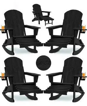 Folding Adirondack Rocking Chair Set of 4,4-in-1 Multifunctional Patio Chairs with Retractable Ottoman, Outdoor Chairs Wood Texture, Lawn Chair for Porch, Backyard, Pool(Black) Folding Adirondack Rocking Chair Set of 4,4-in-1 Multifunctional Patio Chairs with Retractable Ottoman, Outdoor Chairs Wood Texture, Lawn Chair for Porch, Backyard, Pool(Black)