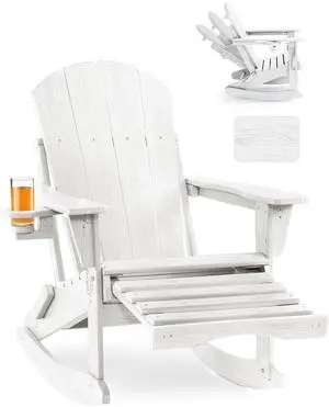 Adjustable Adirondack Rocking Chair with Retractable Ottoman, 4-in-1 Multifunctional Folding Patio Chair with Cup Holder, Outdoor Chair Wood Texture for Lawn,Porch, Backyard,Pool(White) Adjustable Adirondack Rocking Chair with Retractable Ottoman, 4-in-1 Multifunctional Folding Patio Chair with Cup Holder, Outdoor Chair Wood Texture for Lawn,Porch, Backyard,Pool(White)