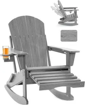 Adjustable Adirondack Rocking Chair with Retractable Ottoman, 4-in-1 Multifunctional Folding Patio Chair with Cup Holder, Outdoor Chair Wood Texture for Lawn, Porch, Backyard, Pool(Grey) Adjustable Adirondack Rocking Chair with Retractable Ottoman, 4-in-1 Multifunctional Folding Patio Chair with Cup Holder, Outdoor Chair Wood Texture for Lawn, Porch, Backyard, Pool(Grey)
