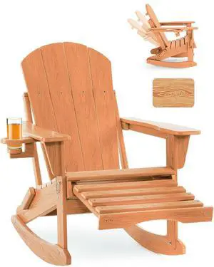 Adjustable Adirondack Rocking Chair with Retractable Ottoman, 4-in-1 Multifunctional Folding Patio Chair with Cup Holder, Outdoor Chair Wood Texture for Lawn, Porch, Backyard, Pool(Teak) Adjustable Adirondack Rocking Chair with Retractable Ottoman, 4-in-1 Multifunctional Folding Patio Chair with Cup Holder, Outdoor Chair Wood Texture for Lawn, Porch, Backyard, Pool(Teak)