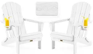 Folding Adirondack Chair, Patio Chair Wood Texture, Outdoor Chair Weather Resistant, Fire Pit Chair with Cup Holder, Composite Adirondack Chair Set of 2(White) Folding Adirondack Chair, Patio Chair Wood Texture, Outdoor Chair Weather Resistant, Fire Pit Chair with Cup Holder, Composite Adirondack Chair Set of 2(White)