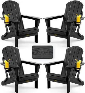 Folding Adirondack Chair, Patio Chair Wood Texture, Outdoor Chair Weather Resistant, Fire Pit Chair with Cup Holder, Composite Adirondack Chair Set of 4(Black) Folding Adirondack Chair, Patio Chair Wood Texture, Outdoor Chair Weather Resistant, Fire Pit Chair with Cup Holder, Composite Adirondack Chair Set of 4(Black)