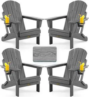 Folding Adirondack Chair, Patio Chair Wood Texture, Outdoor Chair Weather Resistant, Fire Pit Chair with Cup Holder, Composite Adirondack Chair Set of 4 (Grey) Folding Adirondack Chair, Patio Chair Wood Texture, Outdoor Chair Weather Resistant, Fire Pit Chair with Cup Holder, Composite Adirondack Chair Set of 4 (Grey)