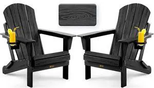 Folding Adirondack Chair, Patio Chair Wood Texture, Outdoor Chair Weather Resistant, Fire Pit Chair with Cup Holder, Composite Adirondack Chair Set of 2 (Black) Folding Adirondack Chair, Patio Chair Wood Texture, Outdoor Chair Weather Resistant, Fire Pit Chair with Cup Holder, Composite Adirondack Chair Set of 2 (Black)