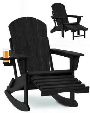Folding Adirondack Rocking Chair with Footrest, HDPE Adirondack 4-in-1 Multifunctional Outdoor Chair with Cup Holder, All Weather Adirondack Chair with Ottoman,Black Folding Adirondack Rocking Chair with Footrest, HDPE Adirondack 4-in-1 Multifunctional Outdoor Chair with Cup Holder, All Weather Adirondack Chair with Ottoman,Black