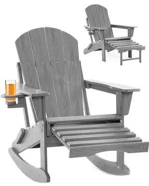 Folding Adirondack Rocking Chair with Footrest, HDPE Adirondack 4-in-1 Multifunctional Outdoor Chair with Cup Holder, All Weather Adirondack Chair with Ottoman,Grey Folding Adirondack Rocking Chair with Footrest, HDPE Adirondack 4-in-1 Multifunctional Outdoor Chair with Cup Holder, All Weather Adirondack Chair with Ottoman,Grey