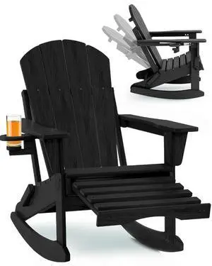 Folding Adjustable Adirondack Rocking Chair with Footrest, HDPE Adirondack 4-in-1 Multifunctional Outdoor Chair with Cup Holder, All Weather Adirondack Chair with Ottoman,Black Folding Adjustable Adirondack Rocking Chair with Footrest, HDPE Adirondack 4-in-1 Multifunctional Outdoor Chair with Cup Holder, All Weather Adirondack Chair with Ottoman,Black