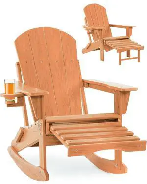 Folding Adirondack Rocking Chair with Footrest, HDPE Adirondack 4-in-1 Multifunctional Outdoor Chair with Cup Holder, All Weather Adirondack Chair with Ottoman,Teak Folding Adirondack Rocking Chair with Footrest, HDPE Adirondack 4-in-1 Multifunctional Outdoor Chair with Cup Holder, All Weather Adirondack Chair with Ottoman,Teak