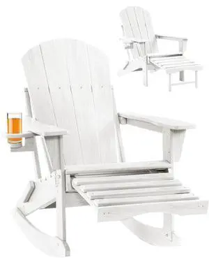 Folding Adirondack Rocking Chair with Footrest, HDPE Adirondack 4-in-1 Multifunctional Outdoor Chair with Cup Holder, All Weather Adirondack Chair with Ottoman,White Folding Adirondack Rocking Chair with Footrest, HDPE Adirondack 4-in-1 Multifunctional Outdoor Chair with Cup Holder, All Weather Adirondack Chair with Ottoman,White