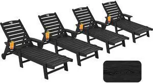 Patio Chaise Lounge Chair Set of 4, Oversize Lounge Chairs with Wood Texture& Rolling Wheels, HDPE 6-Position Plastic Lounge Chairs for Poolside, Patio, Deck, Beach,Black Patio Chaise Lounge Chair Set of 4, Oversize Lounge Chairs with Wood Texture& Rolling Wheels, HDPE 6-Position Plastic Lounge Chairs for Poolside, Patio, Deck, Beach,Black