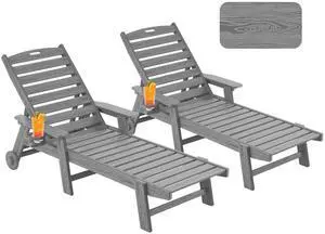 Patio Chaise Lounge Chair Set of 2, Oversize Lounge Chairs with Wood Texture& Rolling Wheels, HDPE 6-Position Plastic Lounge Chairs for Poolside, Patio, Deck, Beach,Grey Patio Chaise Lounge Chair Set of 2, Oversize Lounge Chairs with Wood Texture& Rolling Wheels, HDPE 6-Position Plastic Lounge Chairs for Poolside, Patio, Deck, Beach,Grey
