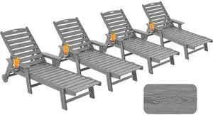 Patio Chaise Lounge Chair Set of 4, Oversize Lounge Chairs with Wood Texture& Rolling Wheels, HDPE 6-Position Plastic Lounge Chairs for Poolside, Patio, Deck, Beach,Grey Patio Chaise Lounge Chair Set of 4, Oversize Lounge Chairs with Wood Texture& Rolling Wheels, HDPE 6-Position Plastic Lounge Chairs for Poolside, Patio, Deck, Beach,Grey