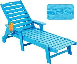 Patio Chaise Lounge Chair Outdoor with Wheels, Oversize Patio Lounge Chairs with Wood Texture, HDPE 6-Position Plastic Lounge Chairs for Poolside, Patio, Deck, BeachBlue Patio Chaise Lounge Chair Outdoor with Wheels, Oversize Patio Lounge Chairs with Wood Texture, HDPE 6-Position Plastic Lounge Chairs for Poolside, Patio, Deck, BeachBlue