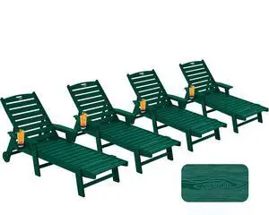 Patio Chaise Lounge Chair Set of 4, Oversize Lounge Chairs with Wood Texture& Rolling Wheels, HDPE 5-Position Plastic Lounge Chairs for Poolside, Patio, Deck, Beach,Green Patio Chaise Lounge Chair Set of 4, Oversize Lounge Chairs with Wood Texture& Rolling Wheels, HDPE 5-Position Plastic Lounge Chairs for Poolside, Patio, Deck, Beach,Green